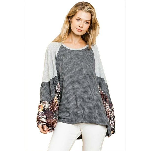 Umgee Womens Floral Mixed Print Puff Sleeve Knit Top Umgee Womens Floral Mixed Print Puff Sleeve Knit Top
